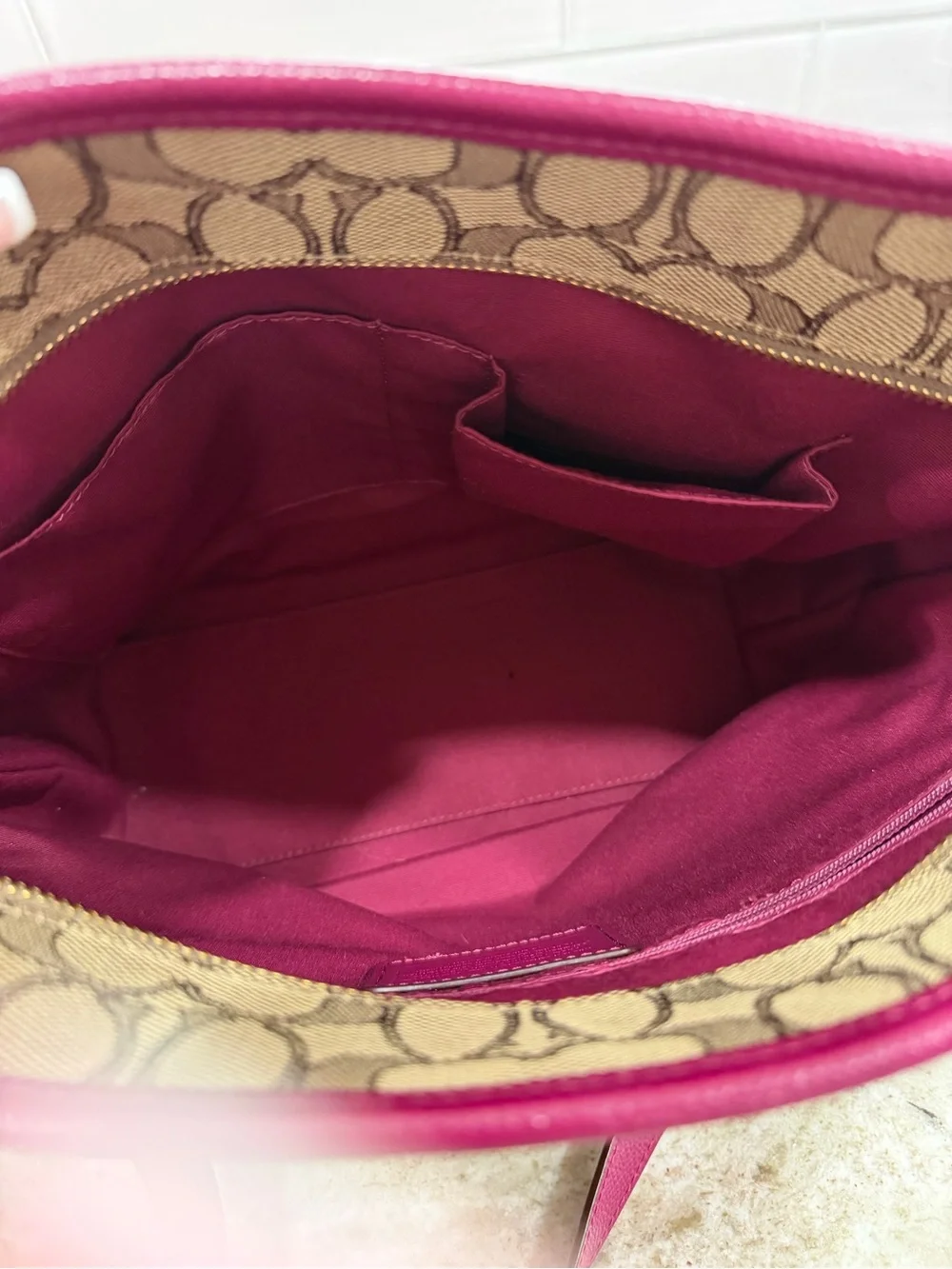 Coach Khaki Signature Canvas Tote with Berry Trim